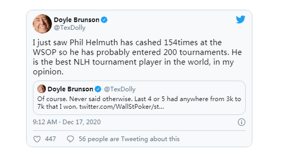 Doyle Brunson称赞"扑克顽童 "是世界上最伟大的锦标赛选手