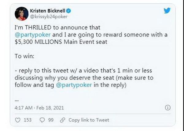 告诉Kristen Bicknell你的扑克故事，赢取百万赛席位