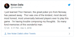 【扑克反水】扑克圈哀悼Thor Hansen的离世